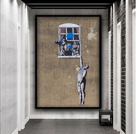 Man Hanging Out The Window Banksy Canvas Banksy Naked Man Canvas Art Man And Woman Looking Out