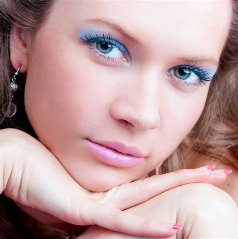 Portrait Of A Sensual Brunette With Blue Eyes Stock Photo Image Of Cosmetics Brunette 12304918