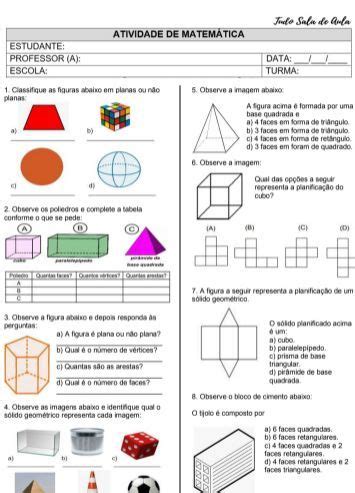 Atividade de matemÁtica sÓlidos geomÉtricos e figuras planas 4º ano ou ...