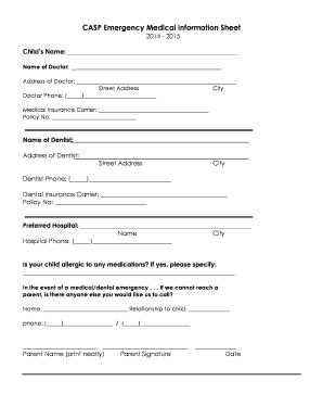 Fillable Online Casp Emergency Medical Information Sheet Fax Email