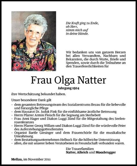 Todesanzeigen Von Olga Natter Todesanzeigen Vorarlberger Nachrichten