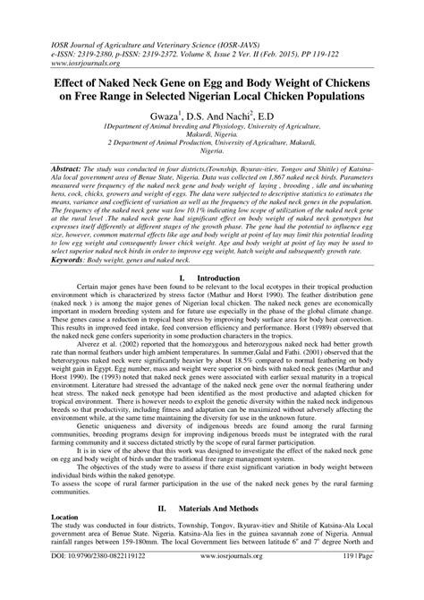 PDF Effect Of Naked Neck Gene On Egg And Body Weight Of Chickens On Free Range In Selected