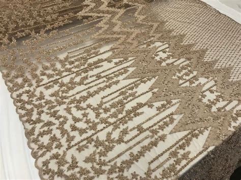 By The Yard Handmade Skin Nude Beaded Floral Mesh Lace Fabric Embroidered Mesh Lace Fashion