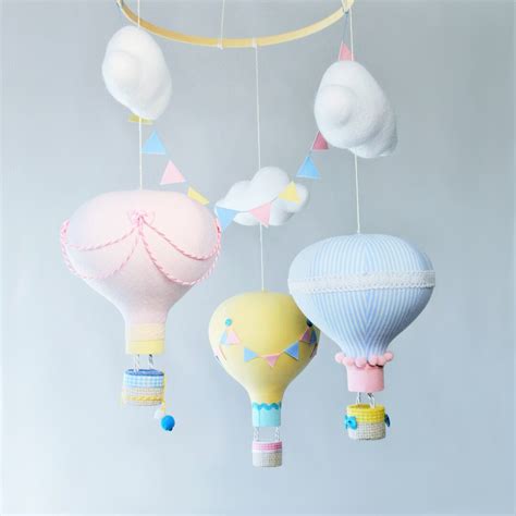Mobile With Hot Air Balloons And Clouds Motif For Baby Girl Nursery Multicolor Pastel Pink