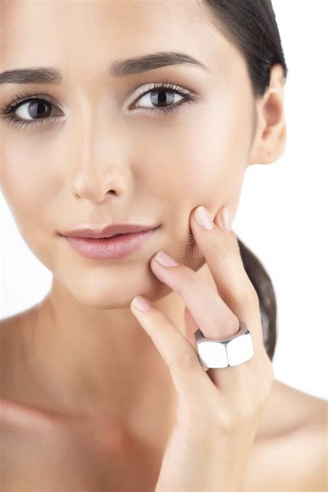 A Beautiful Cute Smiling Brunette With Naked Shoulders Nude Make Up And Shining Healthy Skin