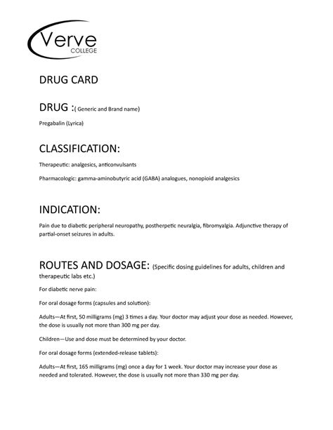 Pregabalin drug card for pharmacology - DRUG CARD DRUG :( Generic and