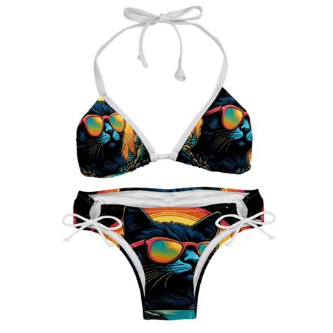 Retro Cat Swimwear Bikini Set With Detachable Sponge Adjustable Strap Two Pack For Beach