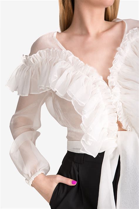 Tie Front Ruffled Silk Organza Top Blouses Tunics Tops Made To Measure