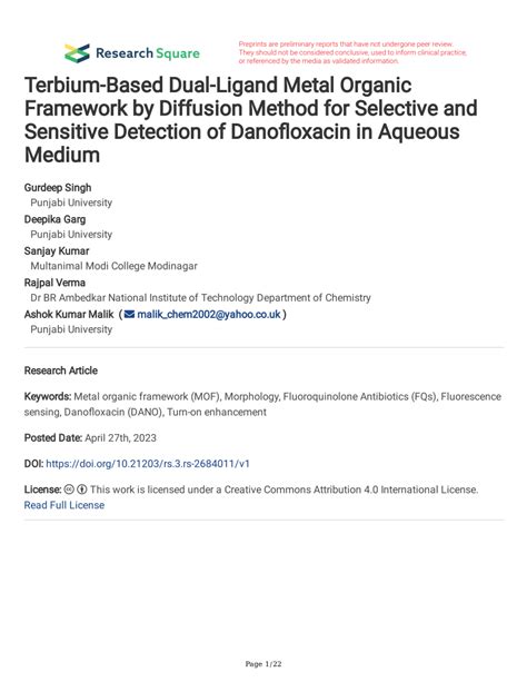 Pdf Terbium Based Dual Ligand Metal Organic Framework By Diffusion