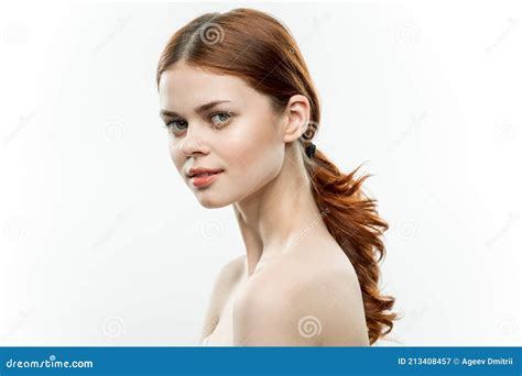 Pretty Woman Makeup On Face Naked Shoulders Gathered Hair Attractive Look Stock Image Image Of