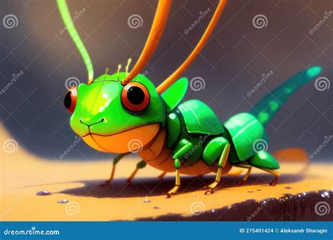 Colorful Magic Grasshopper On Nature Background Cartoon Style Painting