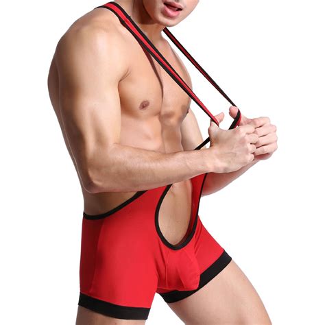Odeerbi Sexy Lingerie Bodysuit For Men Mesh One Piece Suspenders Flat Corners Panties Red