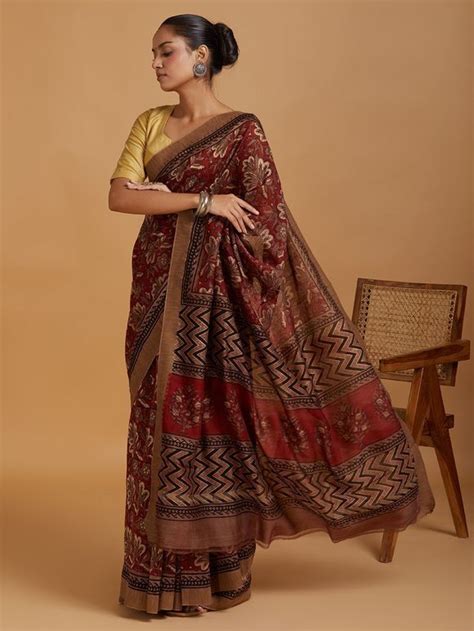 Buy Black Red Hand Block Printed Maheshwari Silk Saree Ctms Cta