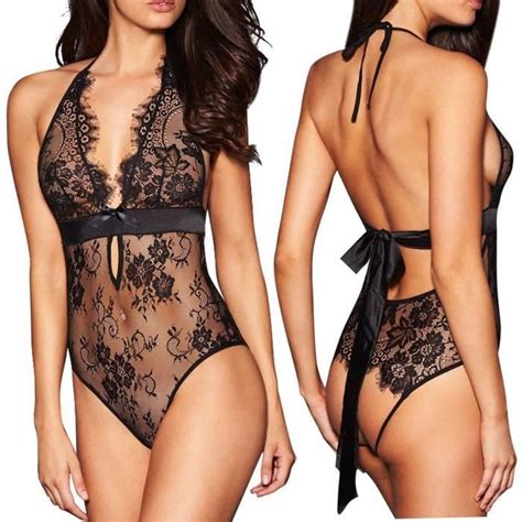 Femmes Soutien gorge sans fil Sexy Underwear G String Jarretière Set Black Sexy Lingerie Noir