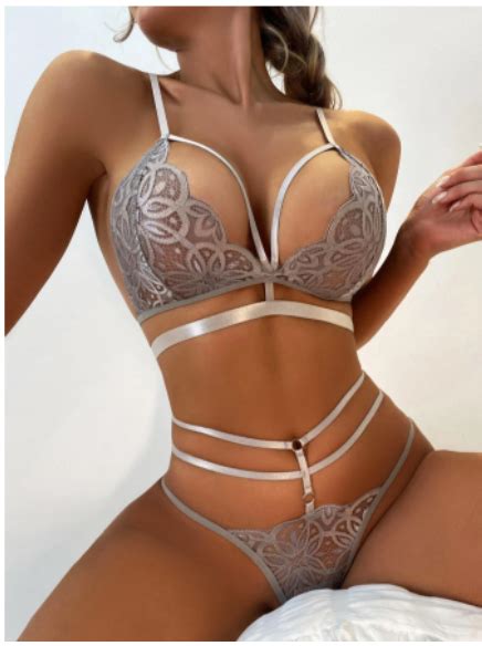 Floral Lace Lingerie Set Grey