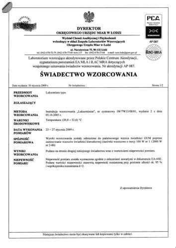 Świadectwo Wzorcowania PCA (Luksomierz) + awaryjne ELMER Kraków