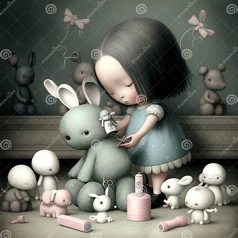 Little Girl Playing With Toy Rabbits In A Dollhouse Setting Stock