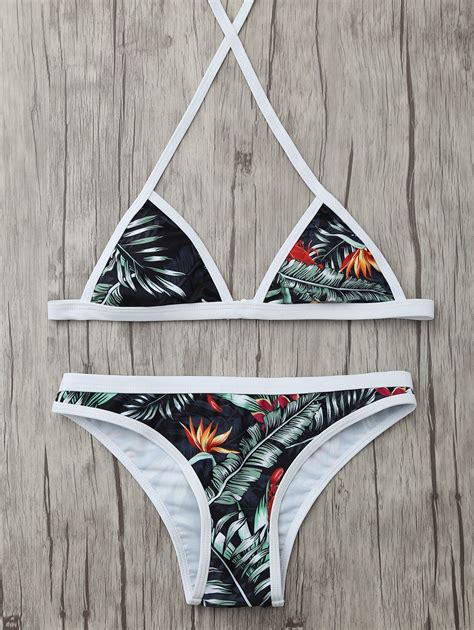 Off Basic Leaf Printed Halter Skimpy Bikini Set Rosegal