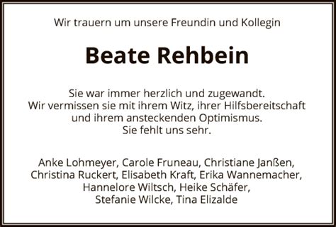 Traueranzeigen Von Beate Rehbein Trauer Hna De