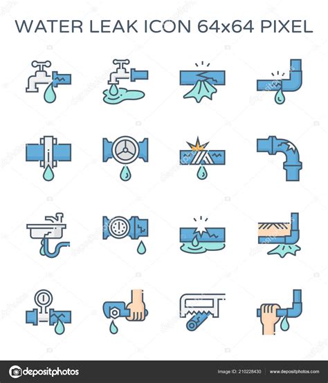 Burst Pipe Water Leak Icon Set 64X64 Perfect Pixel Editable Stock