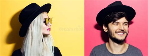 Portraits De Collage De Jeunes Fille Gay Et De Type Blonds Brune En Utilisant Le Chapeau Noir