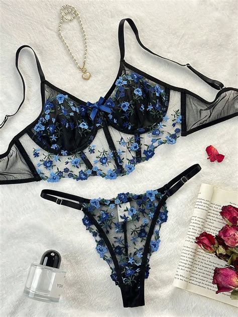 Floral Embroidery Lingerie Set Women Boho Sensual Erotic Sexy Piece Bra Panty Underwear Set