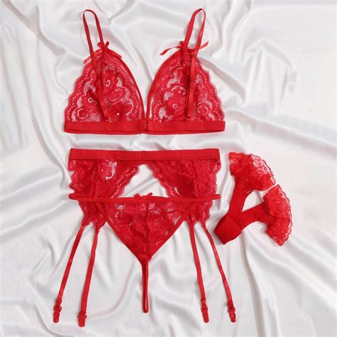 Three Point Embroidery Flower Bra Underwear Split Set Lingerie Stockings For Plus Size Women