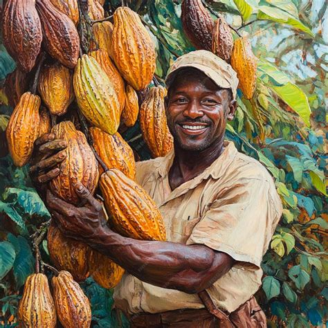 African cocoa farmer holding a cocoa pod the cocoa farmer is smiling