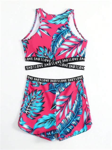 Chica adolescente Bañador bikini con estampado tropical con cinta con letra Moda de Mujer