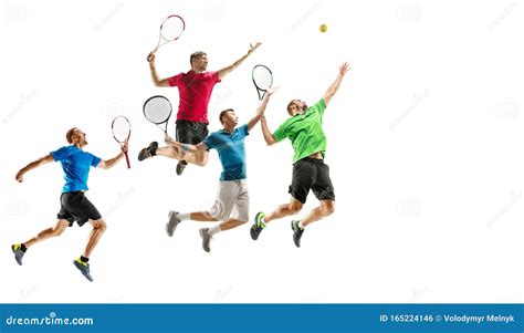 Young Caucasian Tennis Players Running And Jumping On White Background