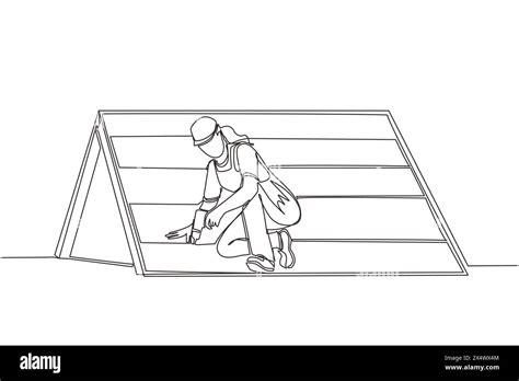Continuous One Line Drawing Roofer Installing Wooden Or Bitumen Shingle
