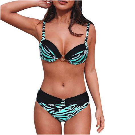 Penkiiy Women S O Ring Bikini Double Shoulder Straps Bikini Set Color Block Swimsuit Cheeky Two