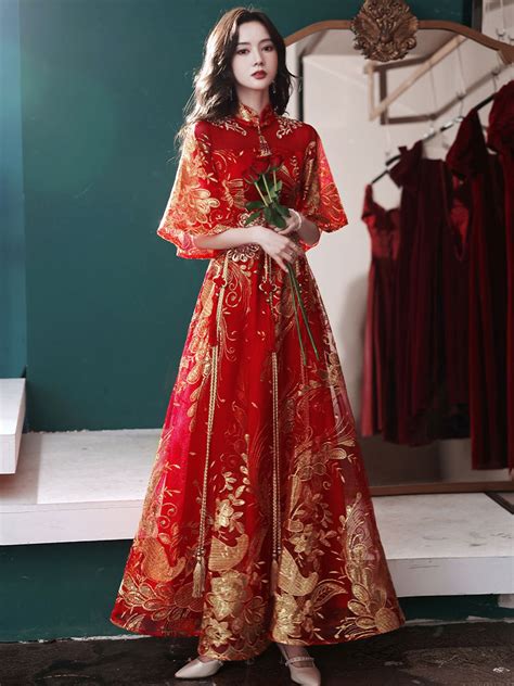 Long Embroidered Modern Chinese Wedding Dress Weqipao