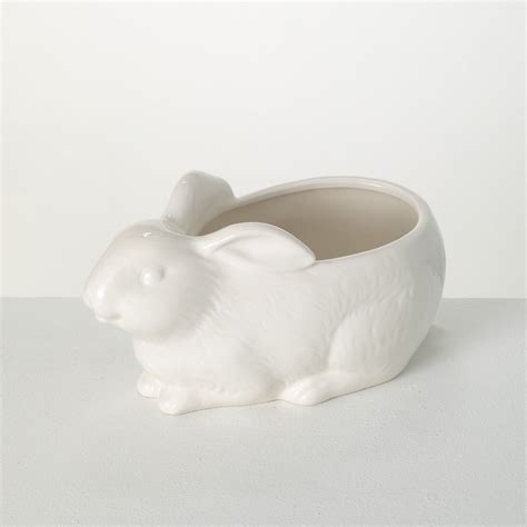 Sullivans Glazed White Decorative Bunny Planter 5h White