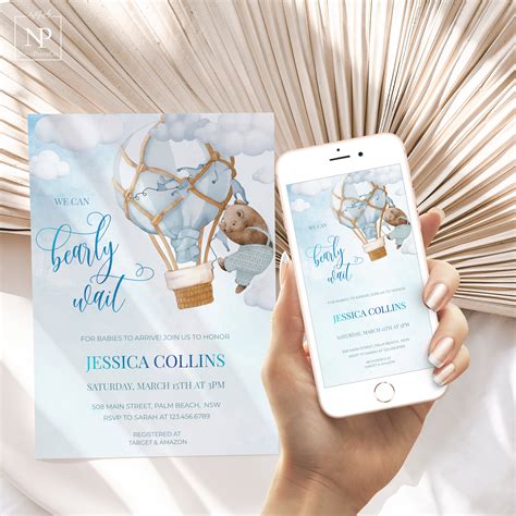 Bear Hot Air Balloon Baby Shower Invitation Set We Can Bearly Wait Boy Baby Bear Invite