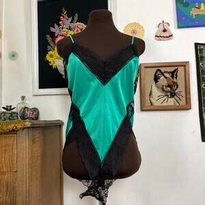 Vintage Intimates Sleepwear Vintage Green And Black Lace Teddy 97s Nylon Lingerie Bodysuit