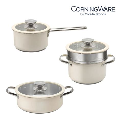 CORELLE Corningware Riley Stainless Steel Pot Set 16cm Saucepan 18cm Casserole 22cm Hot Pot