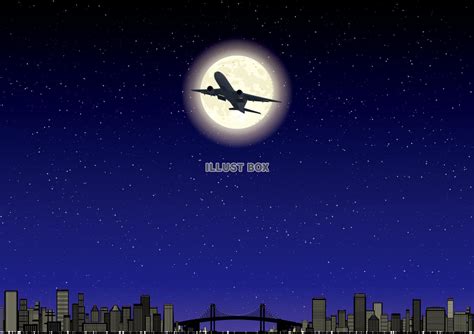 無料イラスト 都会のビル群の夜景 月とジェット機