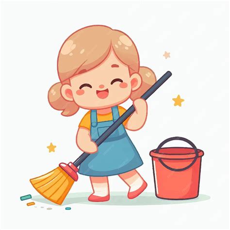 Cartoon little girl sweeping the floor | Premium AI-generated vector
