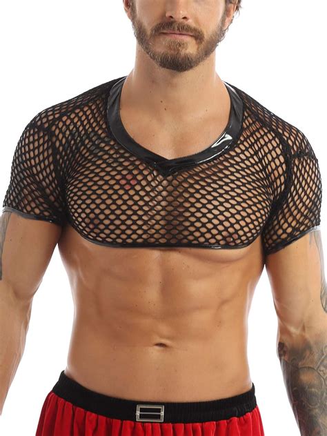 Freebily Men S Sheer Fishnet See Through Mesh Half Shirts Short Sleeve