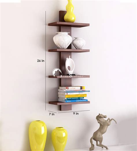 Buy Engineered Wood Tier Floating Wall Shelf In Brown Colour By Home