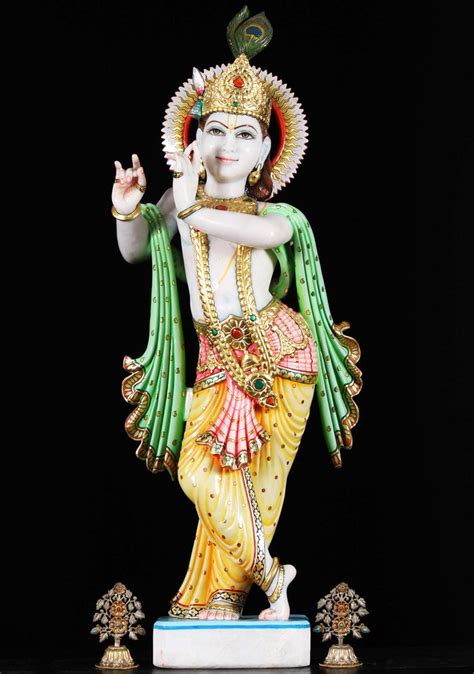 SOLD Hand Carved Makrana Marble Gopal Krishna Statue With Peacock