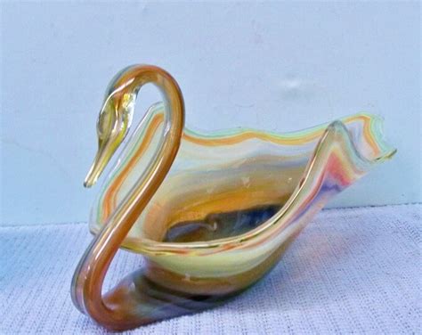 Vintage Sooner Art Glass Large Swan Bowl Usa Lampwork Stretch Glass Murano Style Candy Bowl