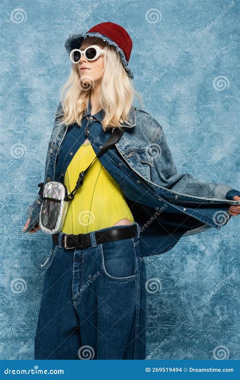 Blonde Woman In Denim Outfit Posing Stock Photo Image Of Albino Clothes 269519494