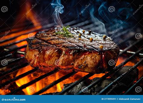 Appetitive Spices Beef Steak Sizzling Over Flaming Grill Gourmet Food