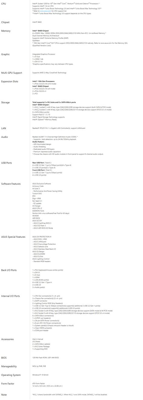 Mainboard Asus PRIME B460-PLUS