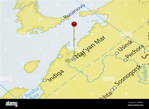 close    naryan mar city   red pin needle  russia country political map stock