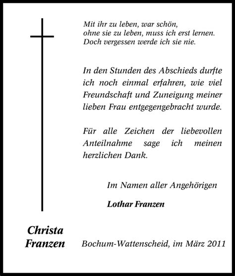 Traueranzeigen Von Christa Franzen Trauer In NRW De