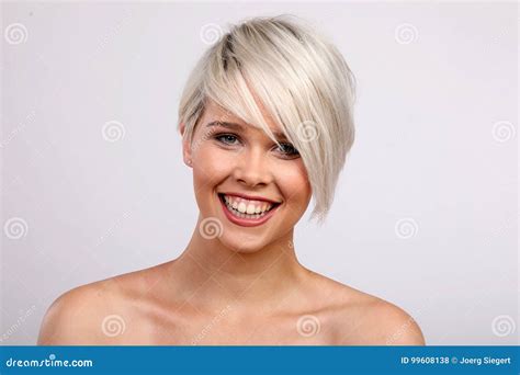 Blond Woman With Naked Shoulders Smiling Stock Photo Image Of White
