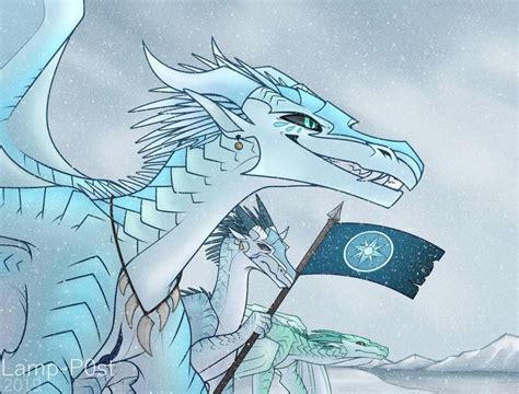 A Drawing Of A Blue Dragon Holding A Flag In Front Of A Snowy Mountain